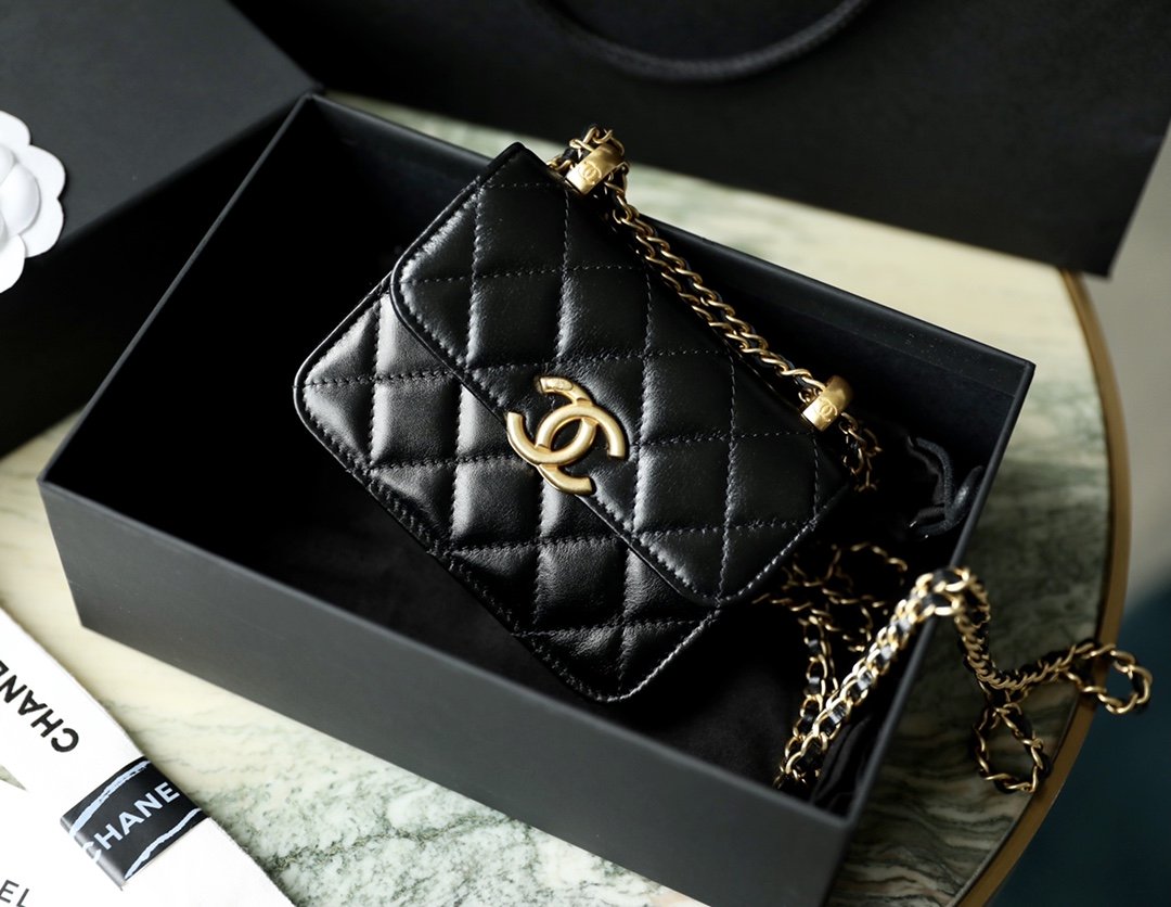 cc CO-CO Clutch With Chain 9.5cm/3.7in Gold Toned Hardware For Women Black