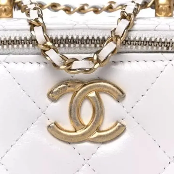 CC Calfskin Quilted Mini Perfect Fit Vanity Case With Chain White