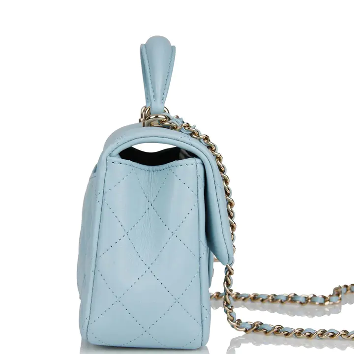 CC Mini Rectangular Flap with Top Handle Blue Lambskin Light Gold Hardware