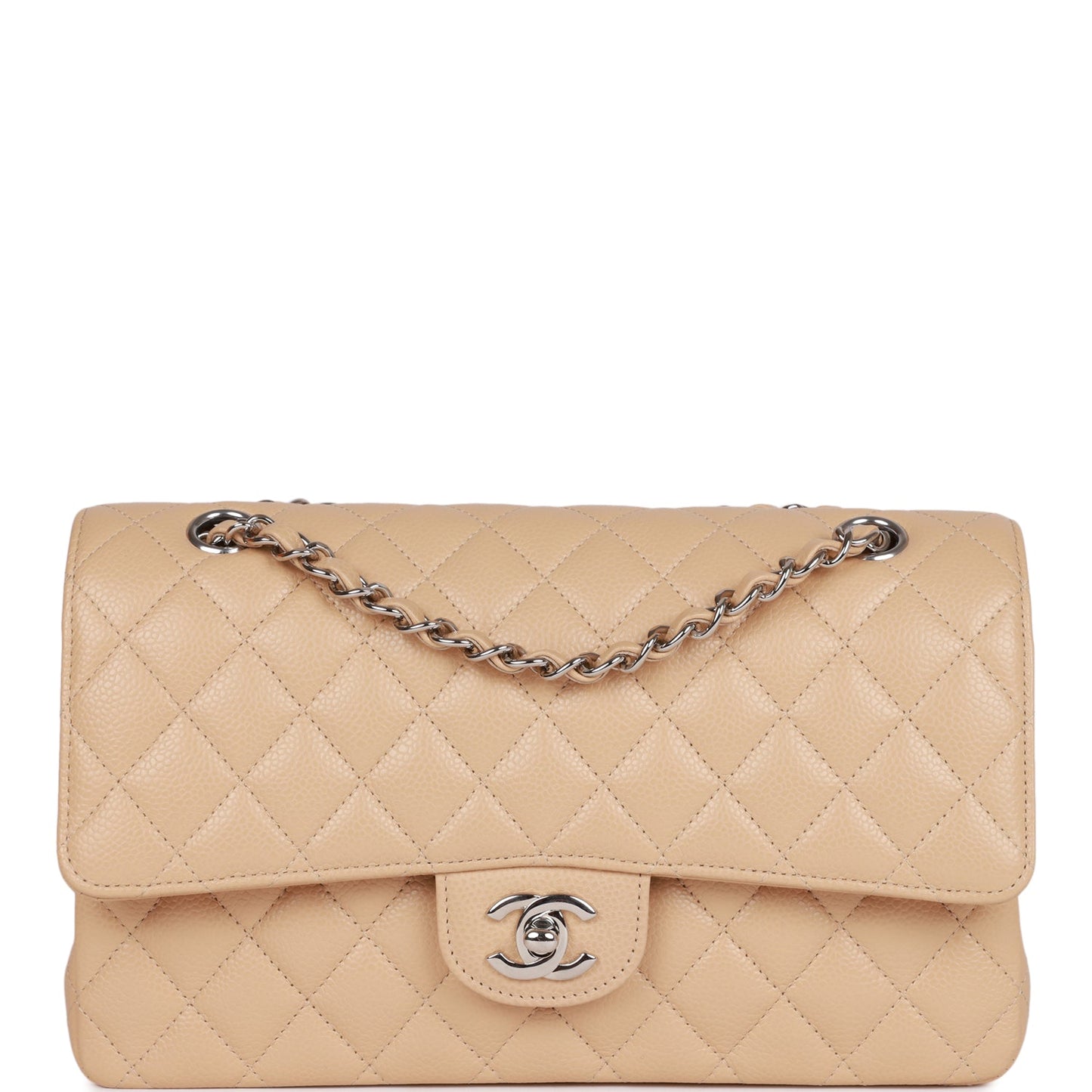 CC Medium Classic Double Flap Bag Beige Caviar Silver Hardware