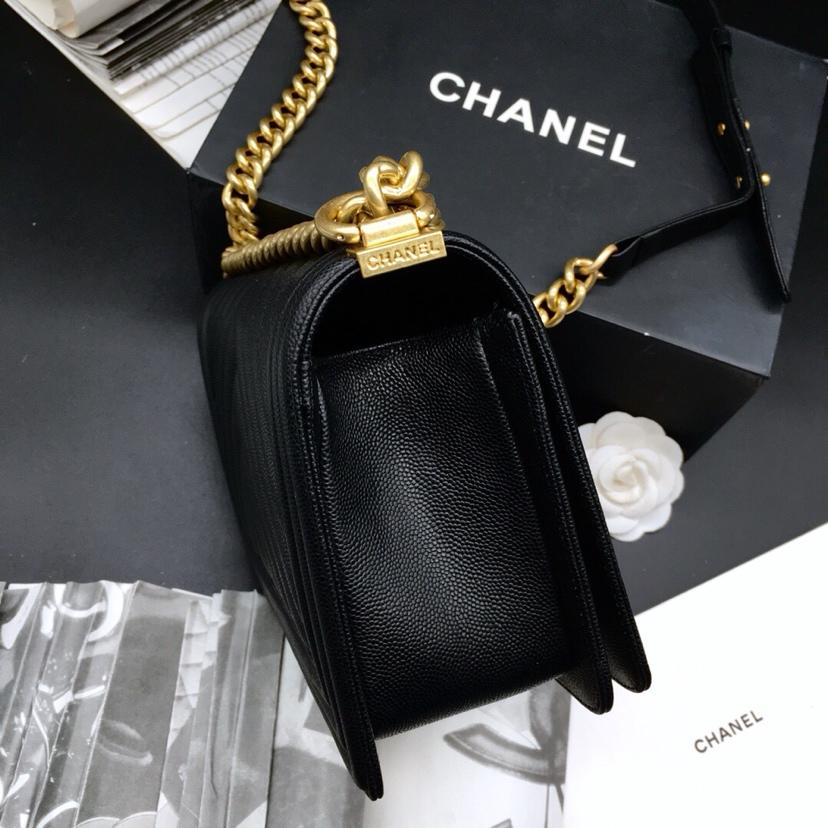 CC 25.5cm Boy Handbag Black Grained Calfskin Gold Tone Metal Caviar leather