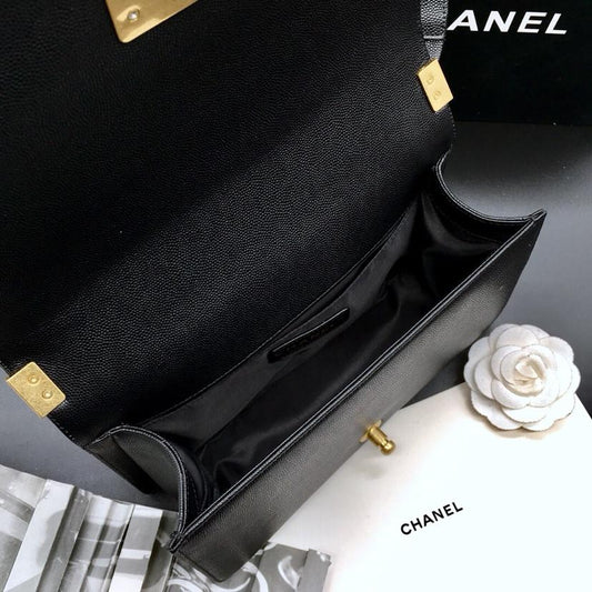 CC 25.5cm Boy Handbag Black Grained Calfskin Gold Tone Metal Caviar leather